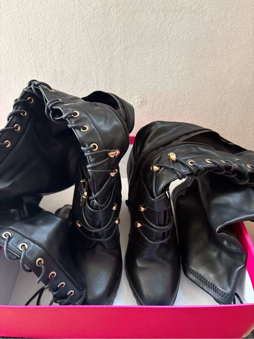 Shoe Dazzle Black Lace-Up Combat Boots with Gold Hardware